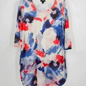 Alfani Women S Sheer Lined Pull On Tunic Top Split Sides Red White Blue Abstract